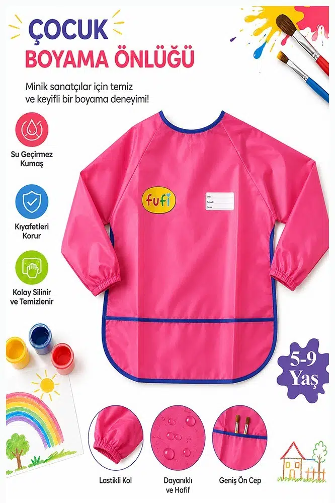 Faliyet Önlüğü XL 1 Adet Çocuk Kollu Etkinlik Boyama Önlüğü 5-9 Yaş Yaka Etiketli Adı Soyadı Sınıfı Kreş Ana Sınıfı - Pembe