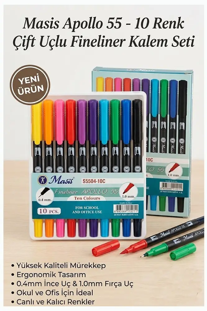Fineliner 10 Lu Çift Taraflı İnce Uçlu Kalem 1 Paket Masis 10 Renk 04-1.0 Mm Keçe Uçlu Kalem Renkli İşaretleme Yazı