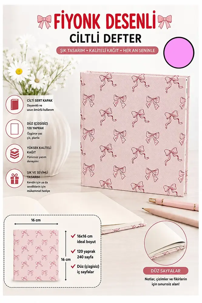 Fiyonk Figürlü Kare Not Defteri 16x16cm 1 Adet Lizz Sert Kapak 120 Yaprak Ciltli Çizgisiz Özel Anı Günlük Defteri - Pembe