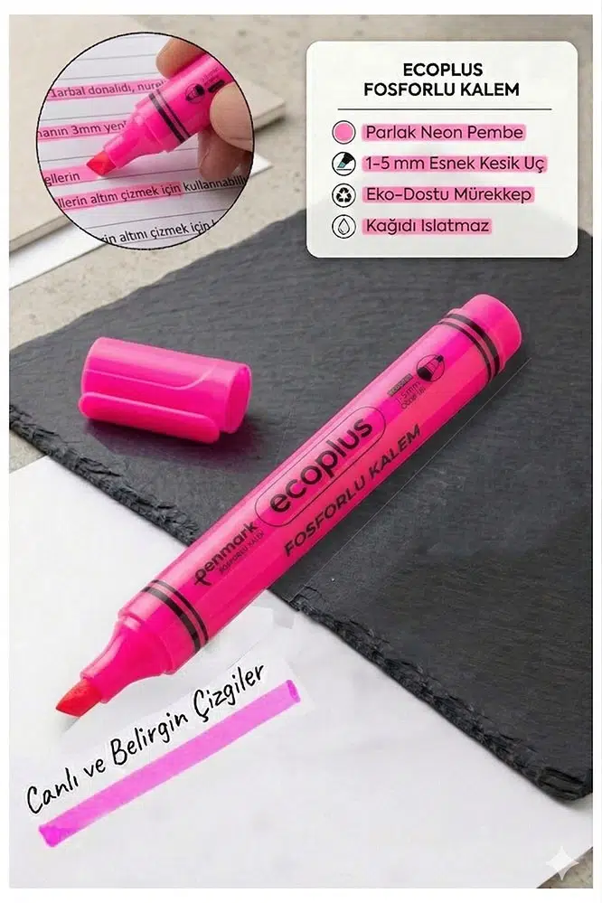 Fosforlu Kalem Neon Renkli 1 Adet Kesik Uç 1-5mm İşaretleme Kalemi Canlı Renk Okul Ofis Tipi İşaretleme Kalemi - Pembe