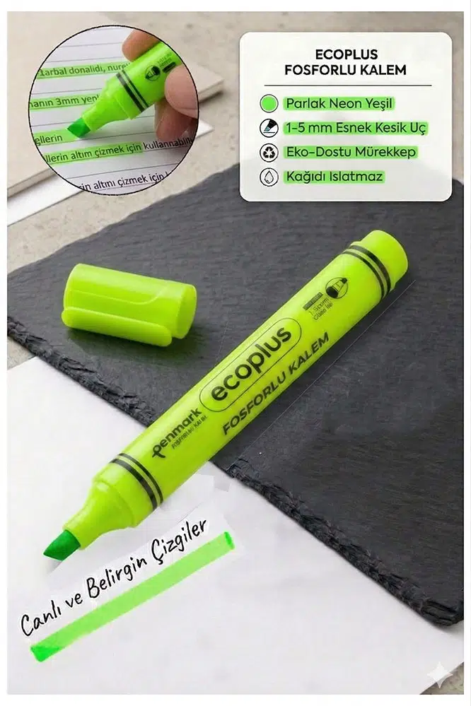 Fosforlu Kalem Neon Renkli 1 Adet Kesik Uç 1-5mm İşaretleme Kalemi Canlı Renk Okul Ofis Tipi İşaretleme Kalemi - Yeşil