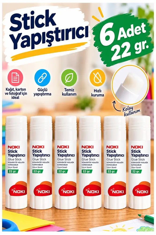 Glue Stick Yapıştırıcı Katı Yapıştırıcı 22 Gr Ruj Yapıştırıcı 6 Adet Noki Okul Yapıştırıcısı Zararsız Büro Ofis Fotoğraf