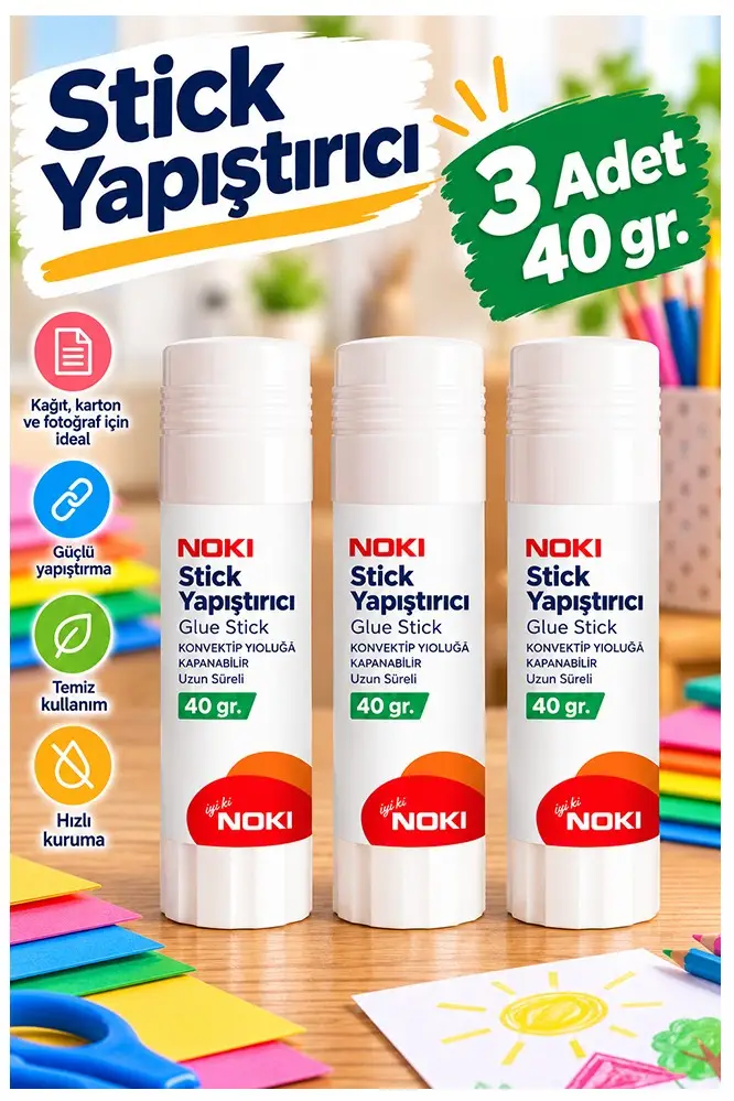 Glue Stick Yapıştırıcı Katı Yapıştırıcı 40 Gr Ruj Yapıştırıcı 3 Adet Noki Büyük Boy Okul Yapıştırıcısı Zararsız Büro