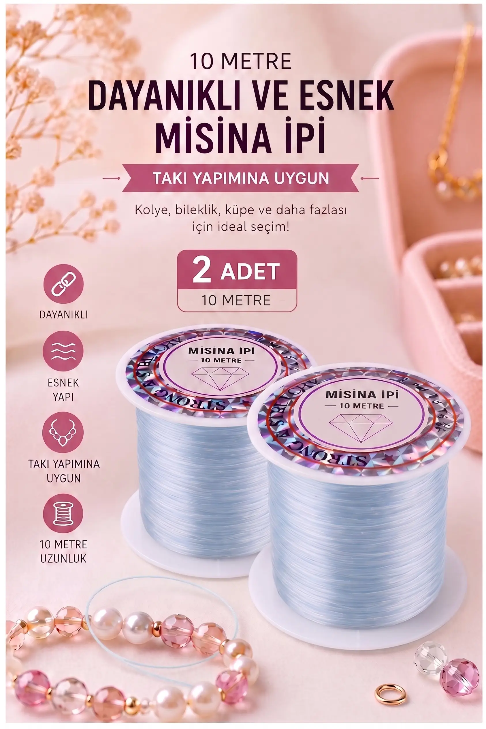 Gri Misina İpi 0.5mm 10 Metre 2 Adet Esnek Boncuk Takı Dizme İpi Elastik İp Bileklik Aksesuar Lastiği Yuvarlak Elyaf