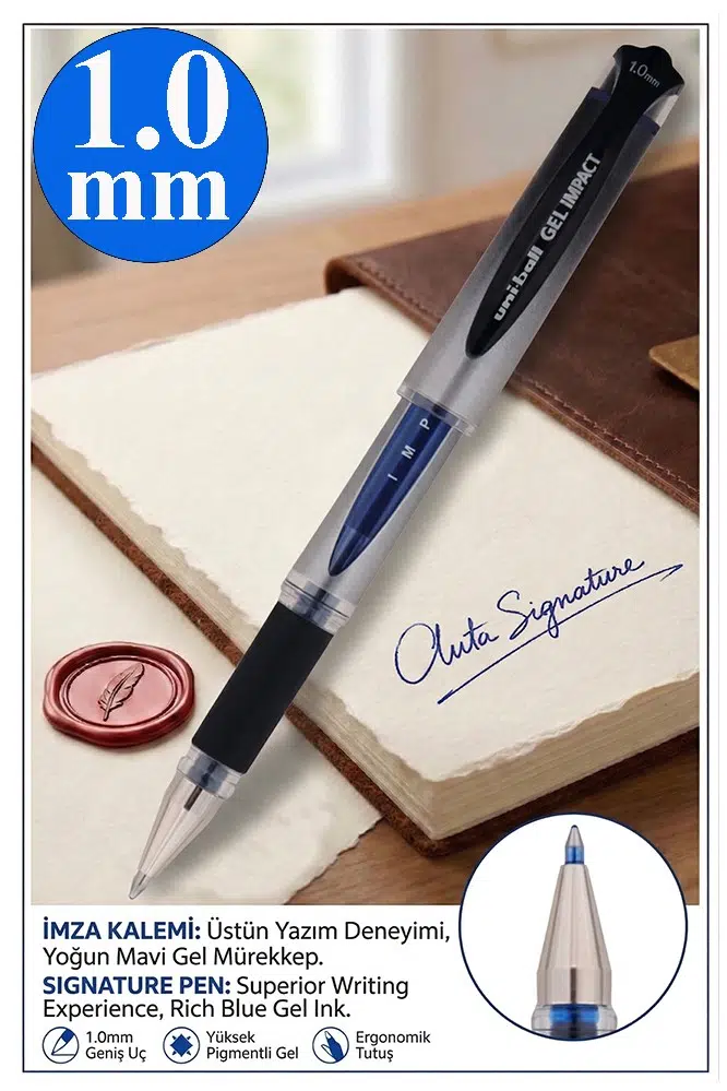 İmza Kalemi 1 Adet Uniball Gel İmpact 1.0 mm Roller Pilot Kalem Um-153S Roller Uçlu Likit Mürekkepli Pilot Kalem - Mavi