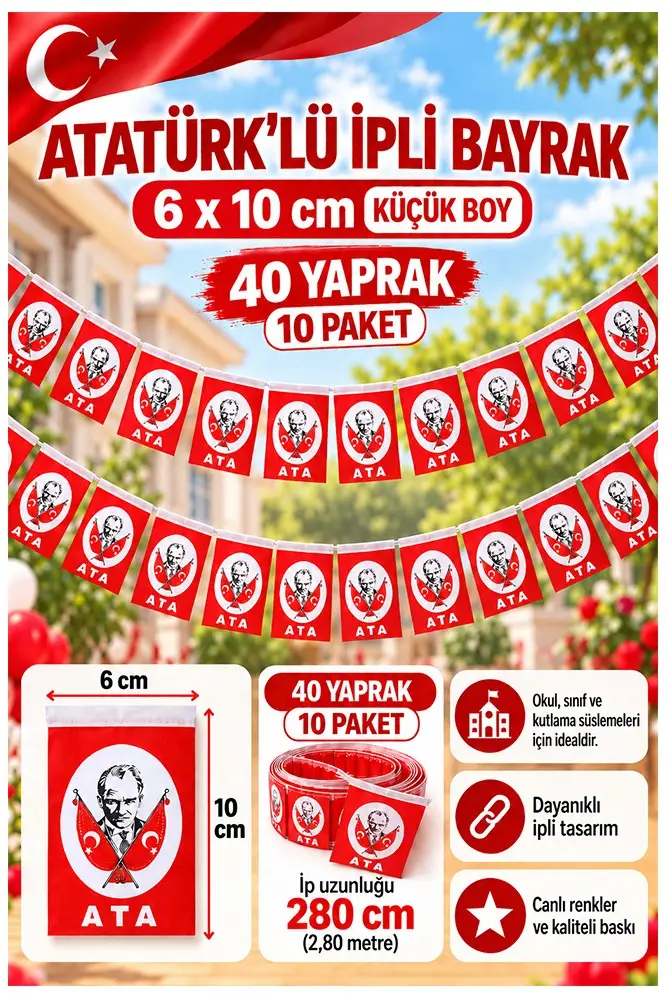 İpli Atatürk Bayrak Küçük Boy 40'lı 6x10cm 10 Paket Atalı Bayrak Kağıt İpli Sıralı Ayyıldız Bayrak Sınıf Süsü Bayram
