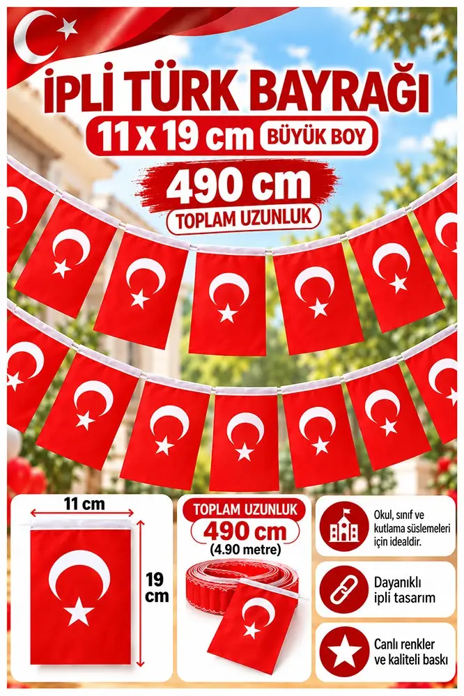 İpli Bayrak Büyük Boy 40'lı 11x19 cm 3 Paket Türk Bayrağı Kağıt İpli Sıralı Ayyıldız Bayrak Sınıf Süsü Okul Bayram