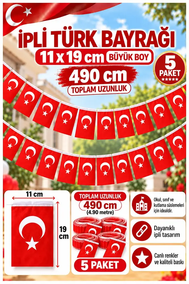 İpli Bayrak Büyük Boy 40'lı 11x19 cm 5 Paket Türk Bayrağı Kağıt İpli Sıralı Ayyıldız Bayrak Sınıf Süsü Okul Bayram