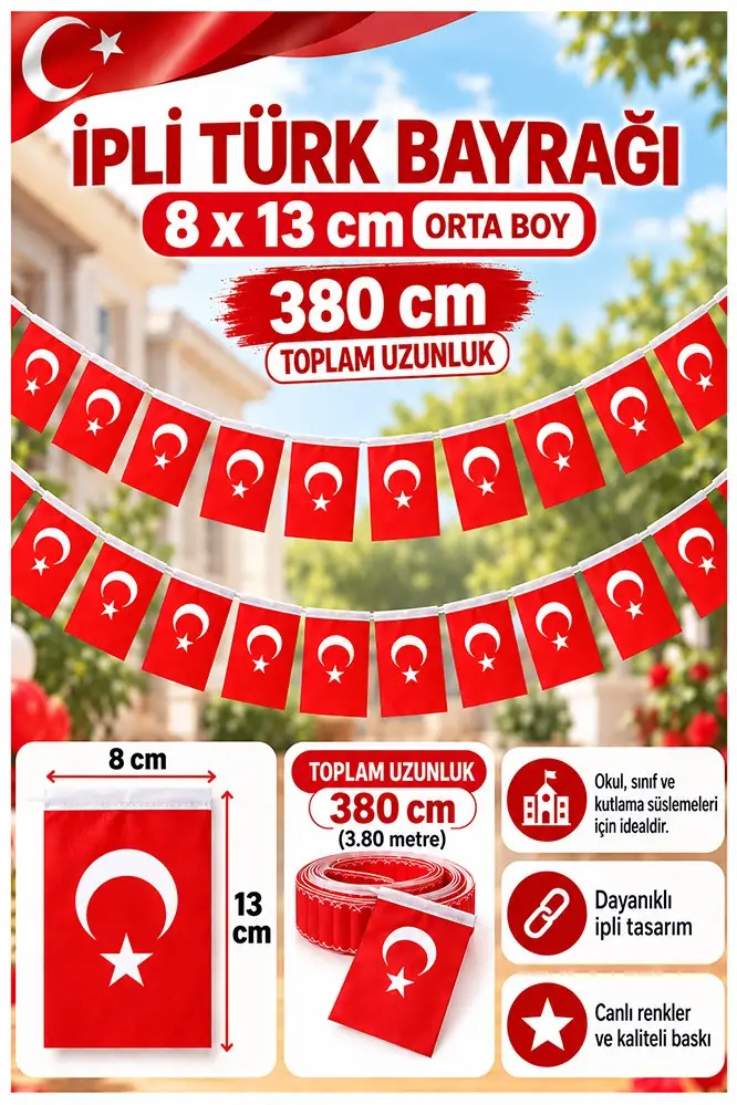 İpli Bayrak Orta Boy 40'lı 8x13 cm 1 Paket Türk Bayrağı Kağıt İpli Sıralı Ayyıldız Bayrak Sınıf Süsü Okul Bayram