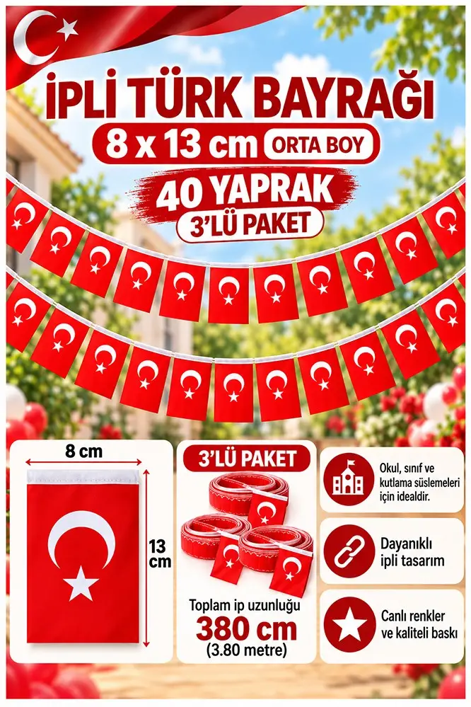 İpli Bayrak Orta Boy 40'lı 8x13 cm 3 Paket Türk Bayrağı Kağıt İpli Sıralı Ayyıldız Bayrak Sınıf Süsü Okul Bayram