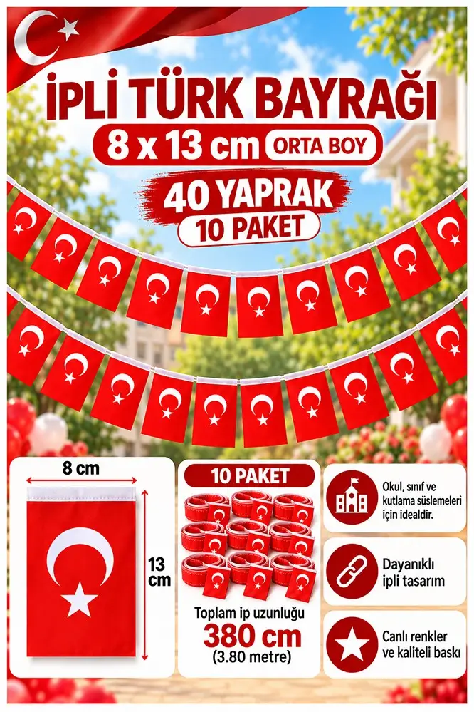 İpli Bayrak Orta Boy 40'lı 8x13 cm 10 Paket Türk Bayrağı Kağıt İpli Sıralı Ayyıldız Bayrak Sınıf Süsü Okul Bayram