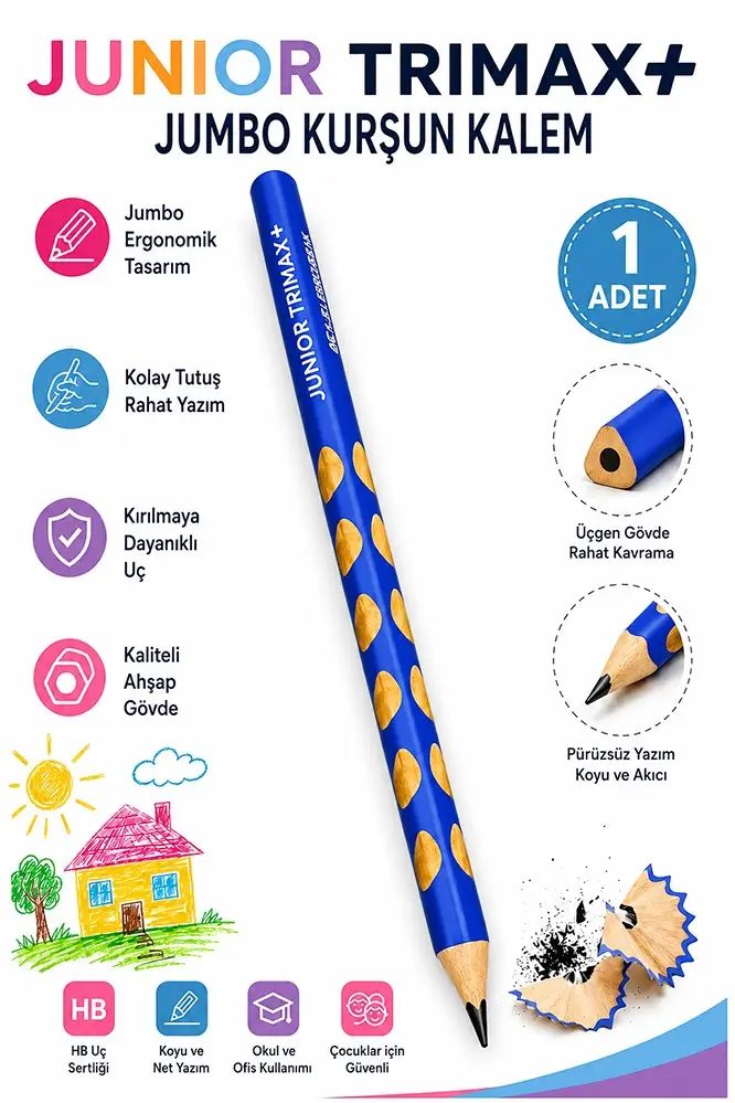 Jumbo Kurşun Kalem Oluklu 1 Adet Alpino Trimax Üçgen Oluklu Kalın Kalem Pastel Renkler Kolay Tutuş ve Kullanım - Mavi