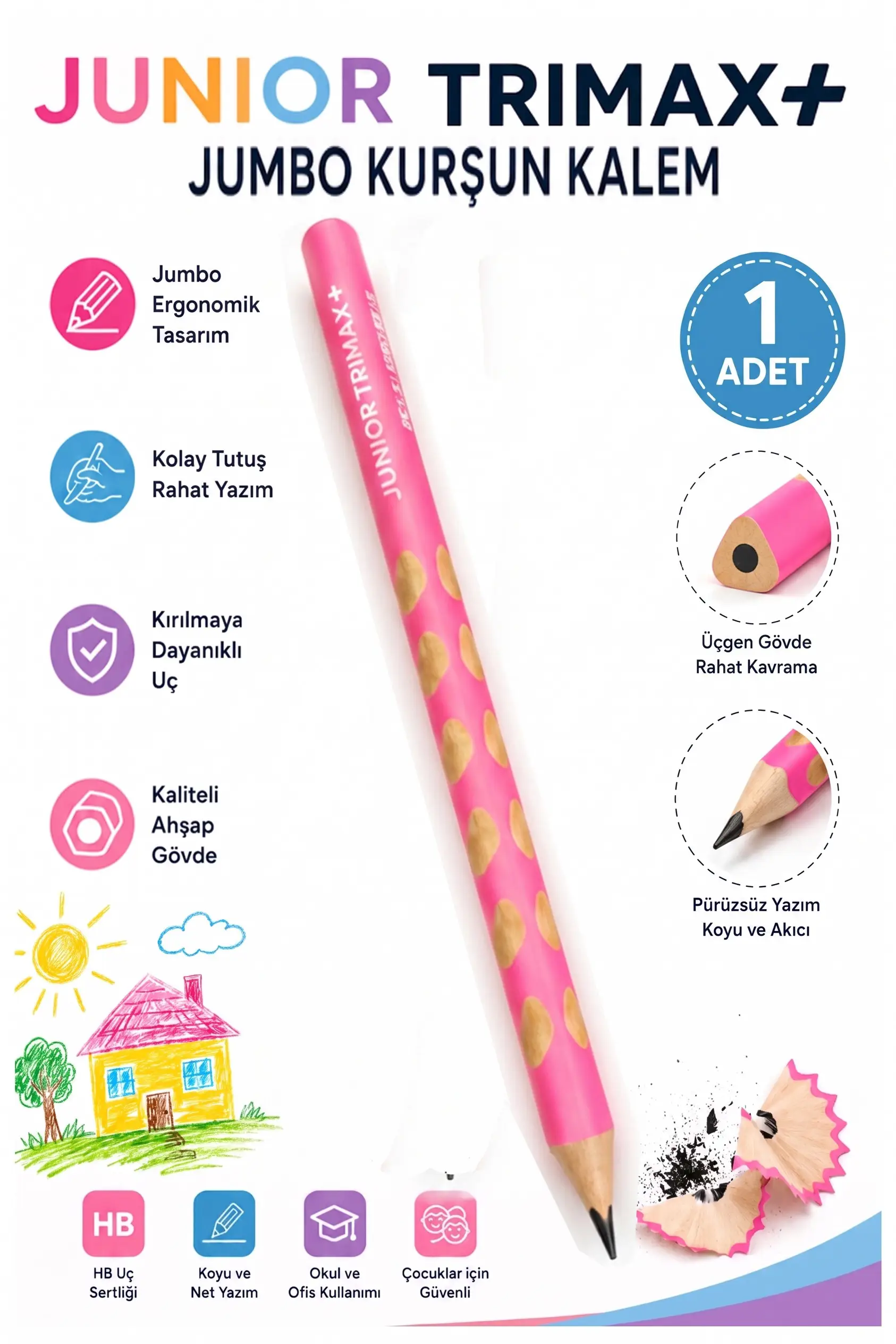 Jumbo Kurşun Kalem Oluklu 1 Adet Alpino Trimax Üçgen Oluklu Kalın Kalem Pastel Renkler Kolay Tutuş ve Kullanım - Pembe