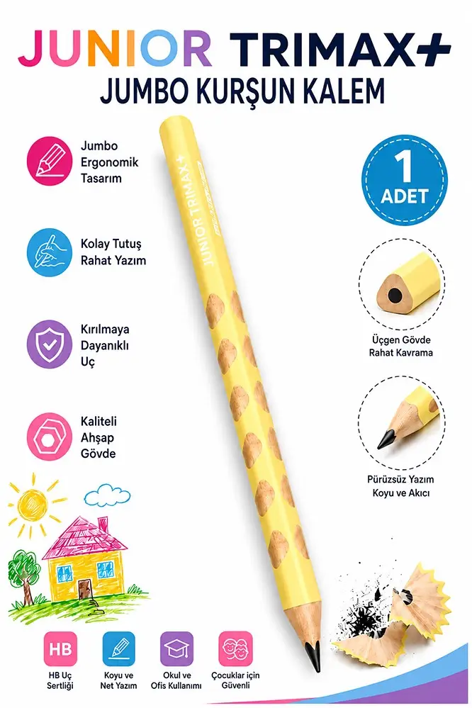 Jumbo Kurşun Kalem Oluklu 1 Adet Alpino Trimax Üçgen Oluklu Kalın Kalem Pastel Renkler Kolay Tutuş ve Kullanım - Sarı