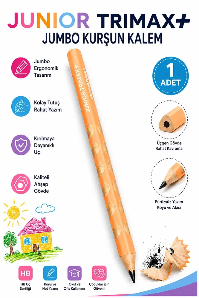 Jumbo Kurşun Kalem Oluklu 1 Adet Alpino Trimax Üçgen Oluklu Kalın Kalem Pastel Renkler Kolay Tutuş ve Kullanım - Turuncu