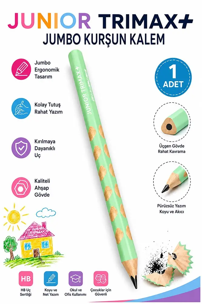 Jumbo Kurşun Kalem Oluklu 1 Adet Alpino Trimax Üçgen Oluklu Kalın Kalem Pastel Renkler Kolay Tutuş ve Kullanım - Yeşil