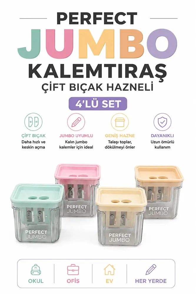 Kalemtraş 4 Adet Hazneli Çift Bıcaklı Perfect Jumbo Kalem Açacağı Plastik Kalemtıraş Kalem Traş