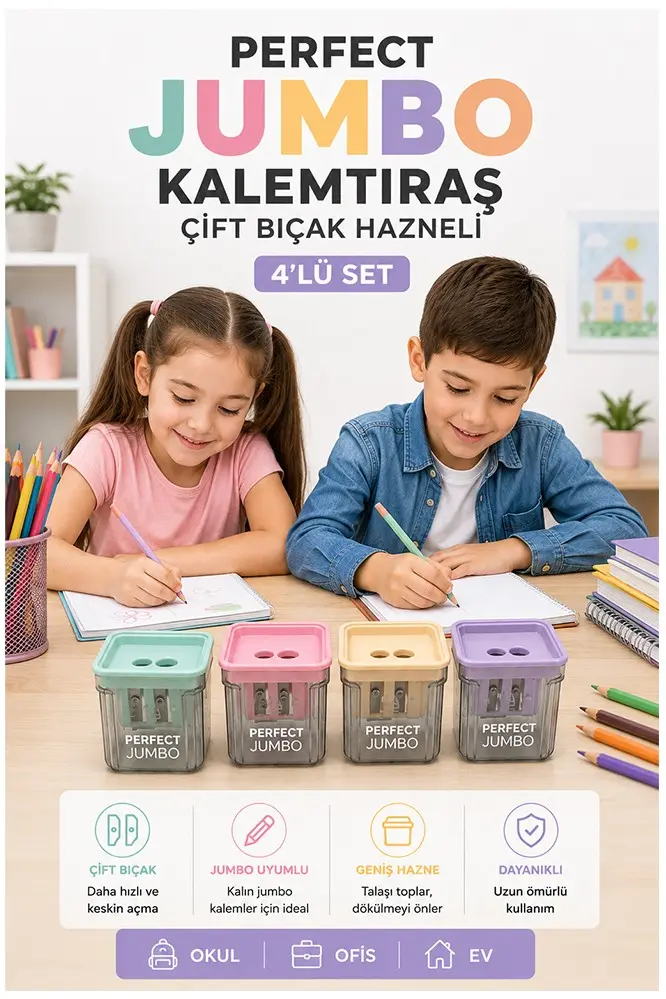Kalemtraş 4 Adet Perfect Hazneli Çift Bıçaklı Jumbo Kalem Açacağı Plastik Kalemtıraş Kalem Traş Okul Sınıf