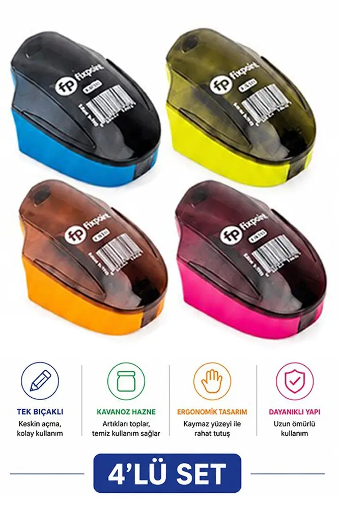 Kalemtraş 4 Adet Hazneli Tek Bıçaklı Fixpoint P-6041 Standart Kalem Açacağı Plastik Kalemtıraş Kalem Traş