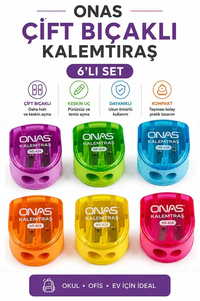 Kalemtraş 6 Adet Onas Ns-828 Hazneli Çift Bıçaklı Kalem Açacağı Plastik Kalemtıraş Kalem Traş Okul Sınıf