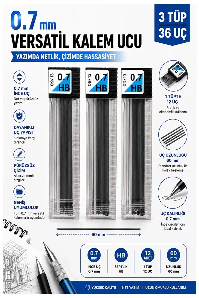 Kaliteli Kalem Ucu 12 li 0.7 mm HB 3 Paket Tombow Versatil Kalem Uç Mekanik Uçlu Otomatik Kurşun Kalem Ucu 60 mm Yumuşak
