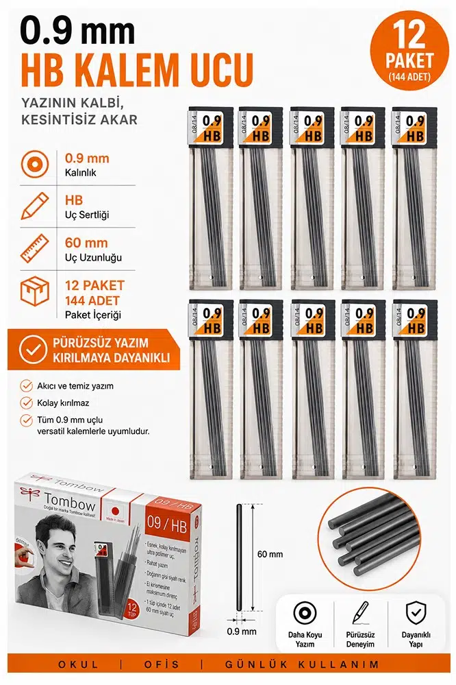 Kaliteli Kalem Ucu 12 li 0.9 mm HB 12 Paket Tombow Versatil Kalem Uç Mekanik Uçlu Otomatik Kurşun Kalem Ucu 60mm Yumuşak