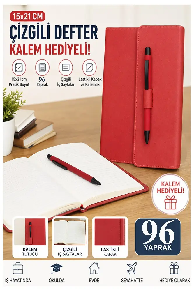 Kaliteli Kapaklı Lastikli Not Defteri A5 15x20cm 1 Adet Lizz Sf3kl Sert Kapak Ciltli 96 Yaprak Çizgili Tükenmez Kalem - Kırmızı