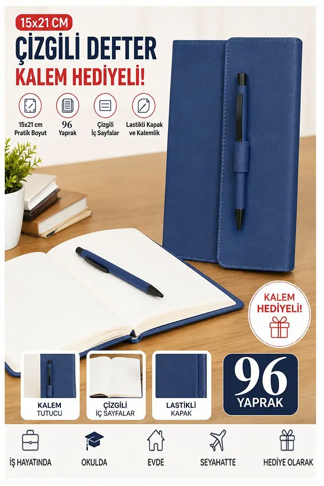 Kaliteli Kapaklı Lastikli Not Defteri A5 15x20cm 1 Adet Lizz Sf3kl Sert Kapak Ciltli 96 Yaprak Çizgili Tükenmez Kalem - Mavi