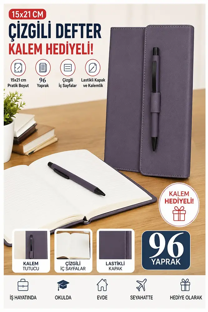Kaliteli Kapaklı Lastikli Not Defteri A5 15x20cm 1 Adet Lizz Sf3kl Sert Kapak Ciltli 96 Yaprak Çizgili Tükenmez Kalem - Lila