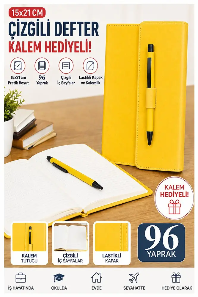 Kaliteli Kapaklı Lastikli Not Defteri A5 15x20cm 1 Adet Lizz Sf3kl Sert Kapak Ciltli 96 Yaprak Çizgili Tükenmez Kalem - Sarı
