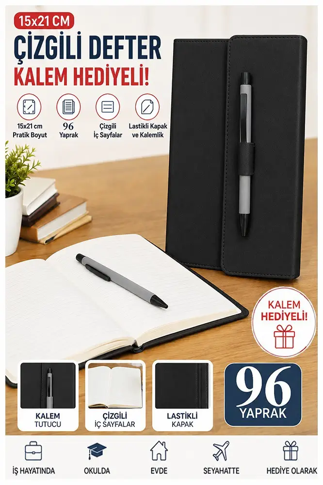 Kaliteli Kapaklı Lastikli Not Defteri A5 15x20cm 1 Adet Lizz Sf3kl Sert Kapak Ciltli 96 Yaprak Çizgili Tükenmez Kalem - Siyah