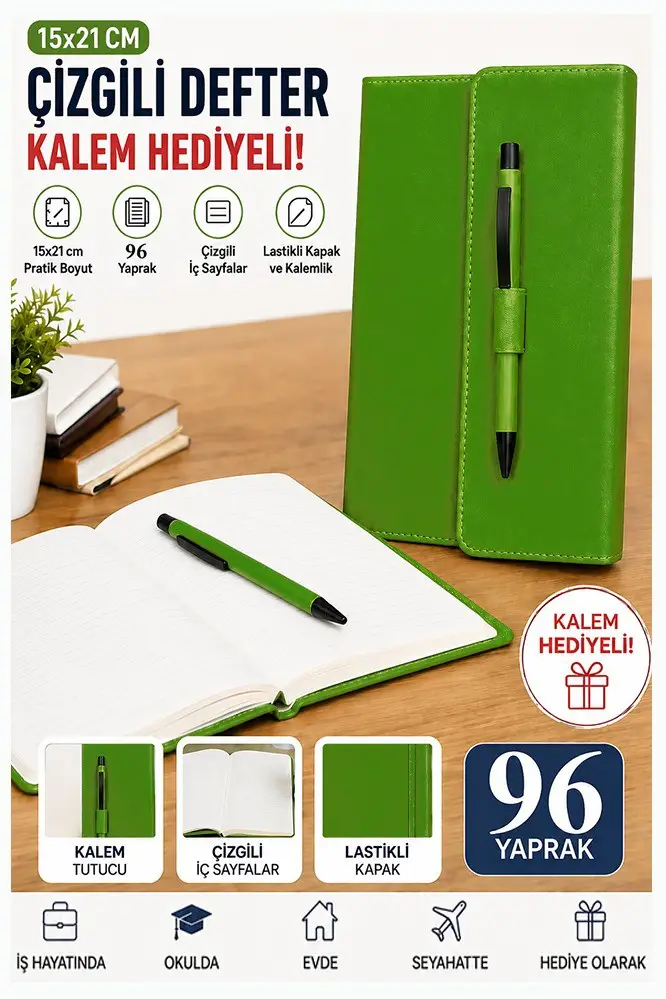 Kaliteli Kapaklı Lastikli Not Defteri A5 15x20cm 1 Adet Lizz Sf3kl Sert Kapak Ciltli 96 Yaprak Çizgili Tükenmez Kalem - Yeşil