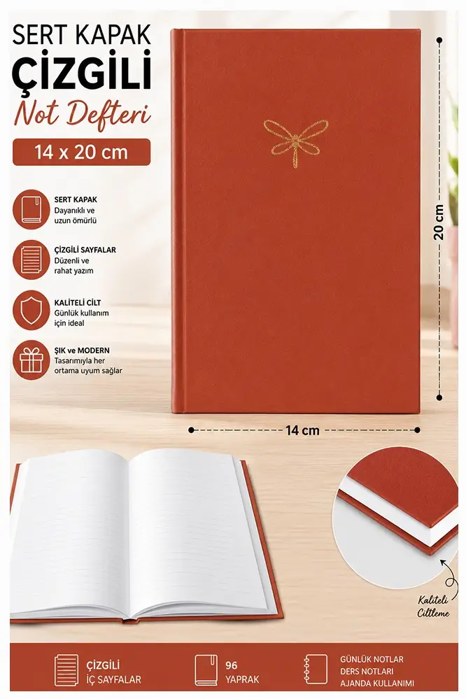 Kaliteli Not Defteri A5 14x20cm 1 Adet Lizz Esp180c Çizgili Lastili Sert Kapak 168 Yaprak Ciltli Büro Ofis Okul - Kırmızı