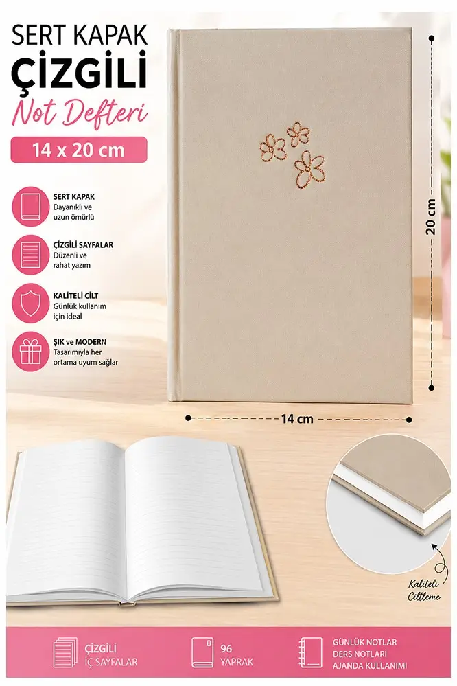 Kaliteli Not Defteri A5 14x20cm 1 Adet Lizz Esp180c Çizgili Lastili Sert Kapak 168 Yaprak Ciltli Büro Ofis Okul - Krem