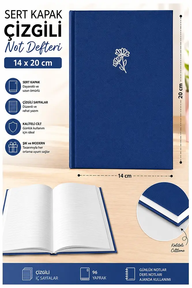 Kaliteli Not Defteri A5 14x20cm 1 Adet Lizz Esp180c Çizgili Lastili Sert Kapak 168 Yaprak Ciltli Büro Ofis Okul - Lacivert