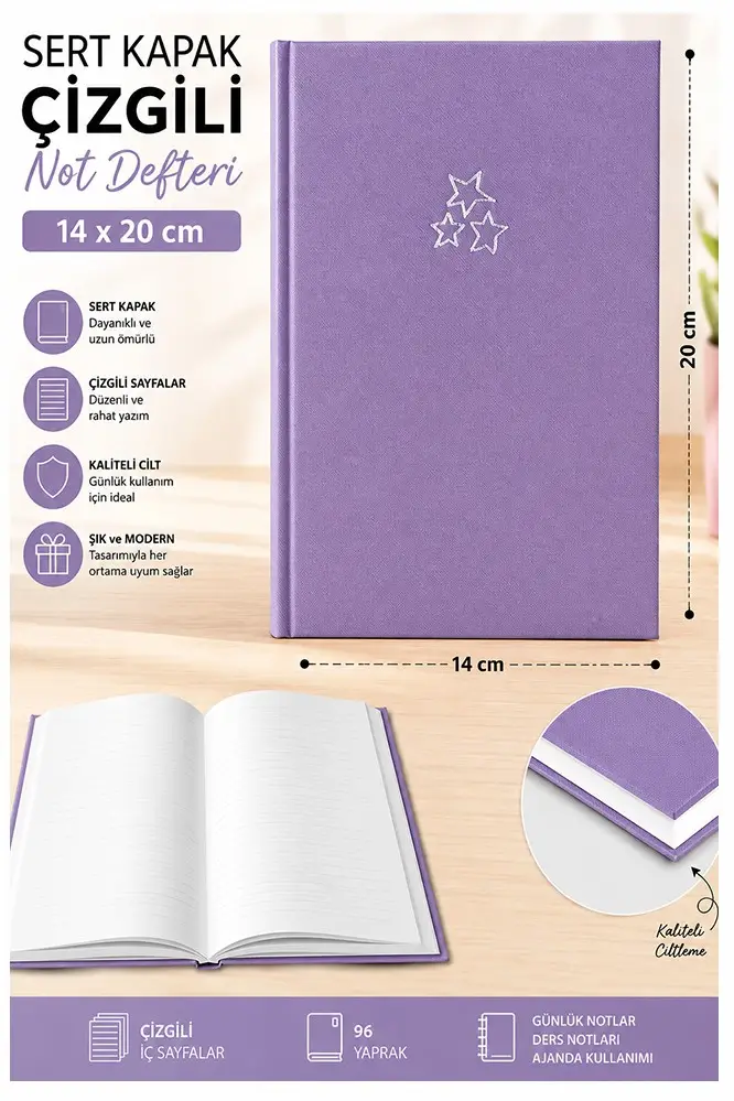 Kaliteli Not Defteri A5 14x20cm 1 Adet Lizz Esp180c Çizgili Lastili Sert Kapak 168 Yaprak Ciltli Büro Ofis Okul - Lila