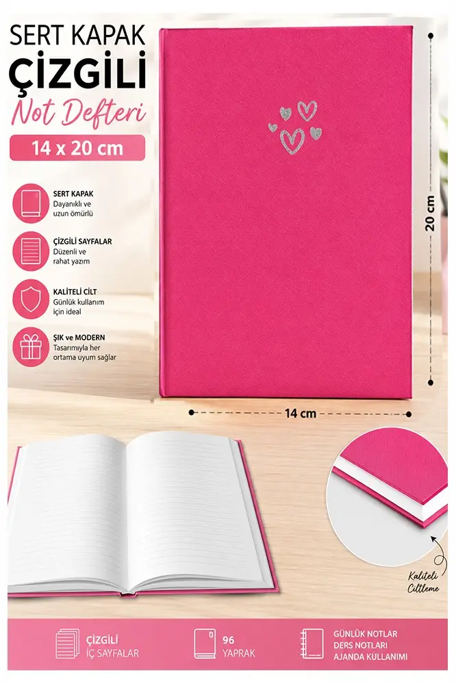 Kaliteli Not Defteri A5 14x20cm 1 Adet Lizz Esp180c Çizgili Lastili Sert Kapak 168 Yaprak Ciltli Büro Ofis Okul - Pembe