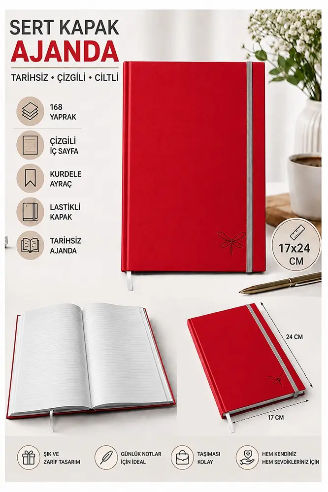 Kaliteli Tarihsiz Ajanda Not Defteri 17x24cm 1 Adet Lizz Ofs Lastili Kapak 190 Sert Kapak Ciltli 168 Yaprak Çizgili - Kırmızı
