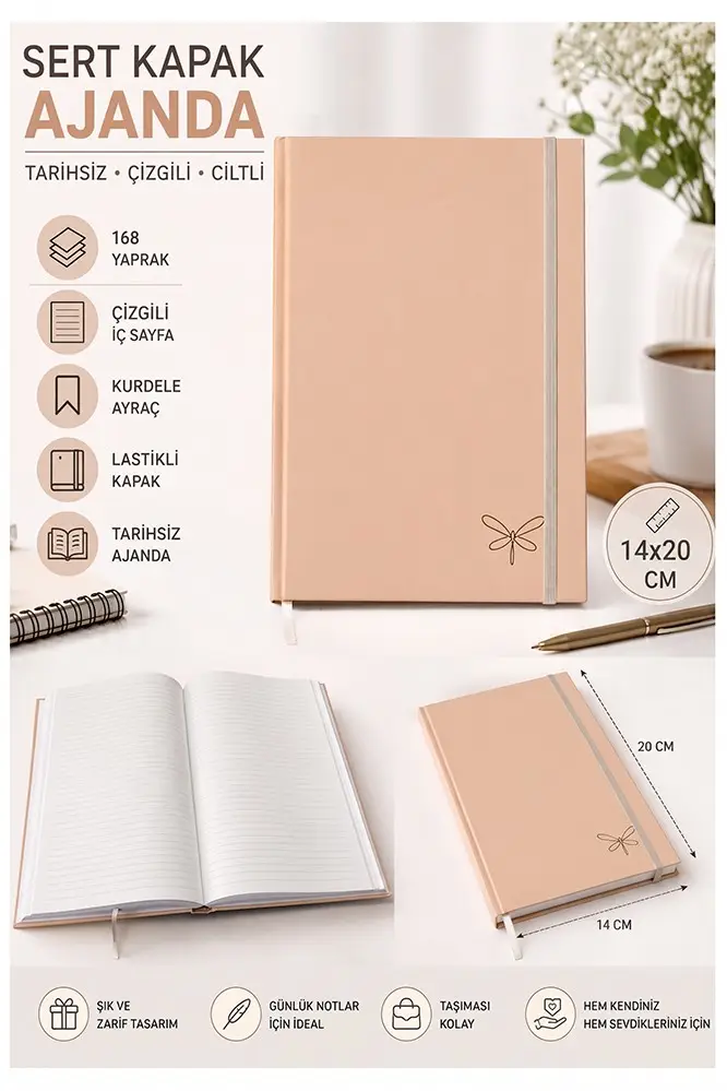 Kaliteli Tarihsiz Ajanda Not Defteri A5 14x20cm 1 Adet Lizz Ofs180L Çizgili Lastili Sert Kapak 168 Yaprak Ciltli - Açık Pembe