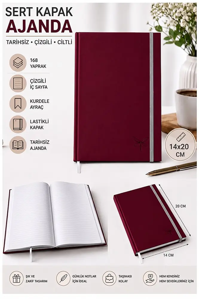Kaliteli Tarihsiz Ajanda Not Defteri A5 14x20cm 1 Adet Lizz Ofs180L Çizgili Lastili Sert Kapak 168 Yaprak Ciltli - Bordo