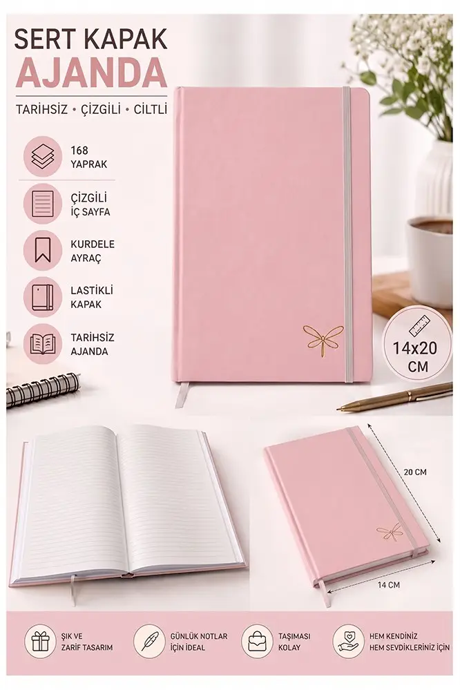 Kaliteli Tarihsiz Ajanda Not Defteri A5 14x20cm 1 Adet Lizz Ofs180L Çizgili Lastili Sert Kapak 168 Yaprak Ciltli - Pembe