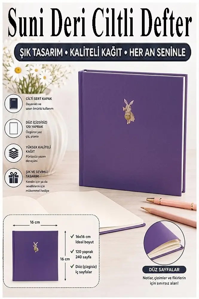 Kare Not Defteri 16x16cm 1 Adet Lizz Sert Kapak 120 Yaprak Ciltli Çizgisiz Özel Anı Günlük Defteri Suni Deri - Mor