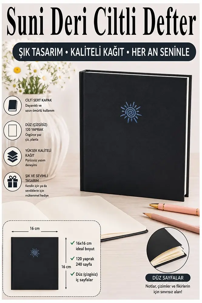 Kare Not Defteri 16x16cm 1 Adet Lizz Sert Kapak 120 Yaprak Ciltli Çizgisiz Özel Anı Günlük Defteri Suni Deri - Siyah