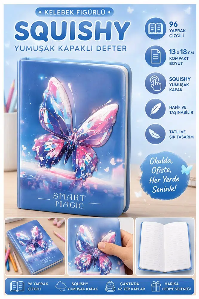 Kelebek Squıshy Yumuşak Kapaklı Defter 96 Yaprak 13x18cm 1 Adet DF-1318 Sukuşi Çizgili Defter Hediyelik Sevimli Defter - Mavi
