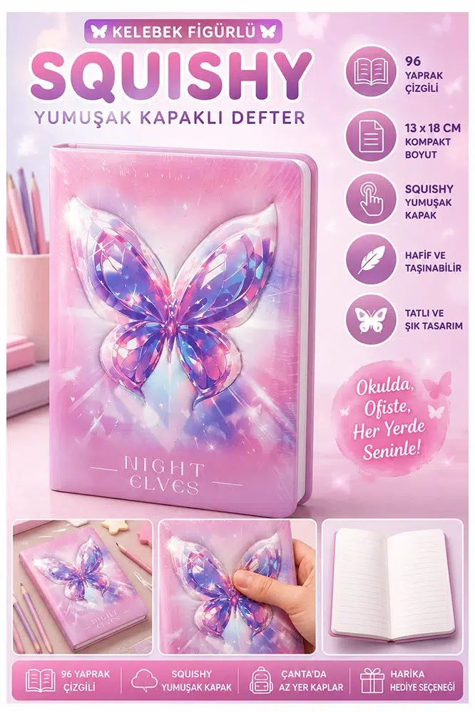 Kelebek Squıshy Yumuşak Kapaklı Defter 96 Yaprak 13x18cm 1 Adet DF-1318 Sukuşi Çizgili Defter Hediyelik Sevimli Defter - Pembe
