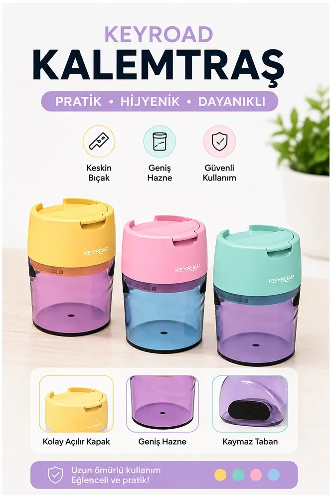 Renkli Kalemtraş 3 Adet Keyroad KR-972410 Hazneli Çift Bıçaklı Kalem Açacağı Plastik Kalemtıraş Kalem Traş Okul Sınıf