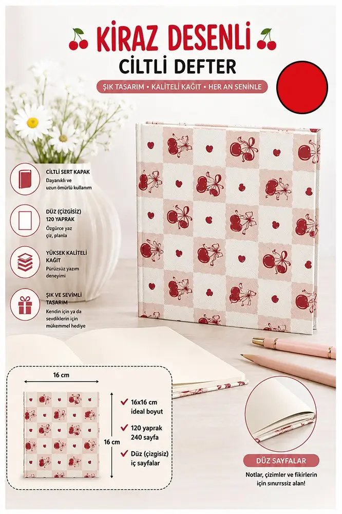 Kiraz Figürlü Kare Not Defteri 16x16cm 1 Adet Lizz Sert Kapak 120 Yaprak Ciltli Çizgisiz Özel Anı Günlük Defteri - Kırmızı