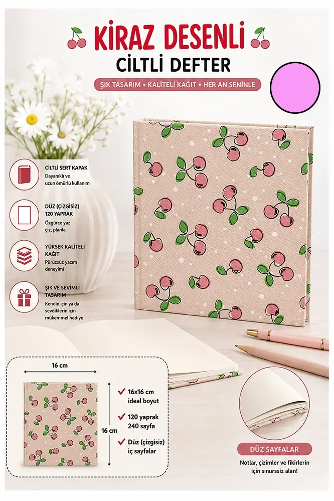 Kiraz Figürlü Kare Not Defteri 16x16cm 1 Adet Lizz Sert Kapak 120 Yaprak Ciltli Çizgisiz Özel Anı Günlük Defteri - Pembe