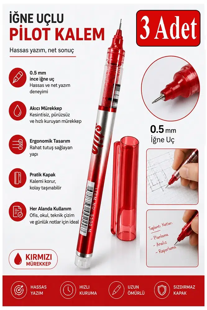 Kırmızı Pilot Kalem İğne Uçlu 3 Adet Stilo Pilot Kalem 0.5mm İnce Uçlu Pilot Kalem Likit Mürekkepli Pilot Kalem
