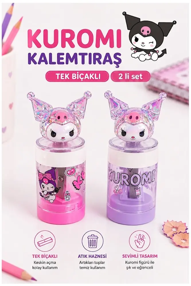 Kuromi Kalemtraş 2 Li Kuromi Figürlü Hazneli Tek Bıçaklı Kalem Açacağı Sevimli Plastik Kalem Traş Çöp Hazneli